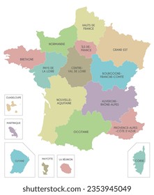 Vector map of France with regions and territories and administrative divisions. Editable and clearly labeled layers.