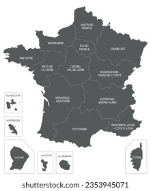 Vector map of France with regions and territories and administrative divisions. Editable and clearly labeled layers.