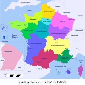 Mapa vetorial da França com territórios separados e países adjacentes