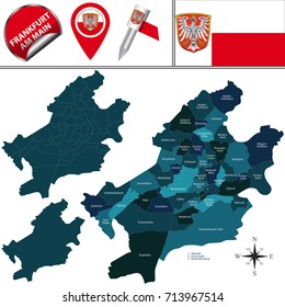 Vector map of Frankfurt am Main with named districts and travel icons.
