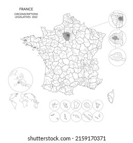 Mapa vectorial de circunscripciones francesas (circunscripciones legativas) incluyendo territorios de ultramar (ultramar) y circunscripciones para electores franceses residentes en el extranjero 2022