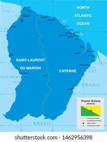 vector map of french guiana with borders of regions and flag in blue tones with ocean