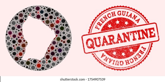 Vector map of French Guiana collage of flu virus and red grunge quarantine seal stamp. Infection cells around the quarantine territory from out space.