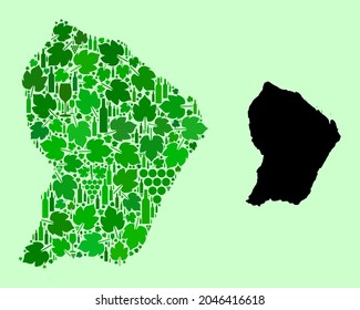 Mapa de vectores de la Guyana Francesa. Collage de hojas verdes de uva, botellas de vino. Mapa del mosaico de la Guayana Francesa diseñado con botellas, uvas, hojas verdes.