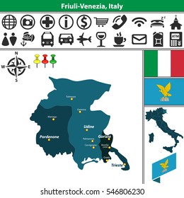Vector map of Friuli Venezia with regions and location on Italy map