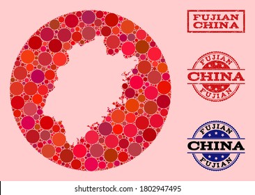 Vector map of Fujian Province mosaic of circle items and red scratched seal stamp. Subtraction circle map of Fujian Province collage formed with circles in variable sizes, and red shades.
