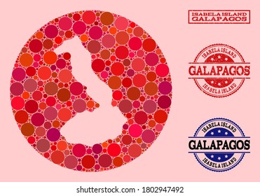 Mapa vectorial de las Galápagos - Isla Isabela mosaico de puntos de círculo y sello de marca de agua roja. Mapa de círculo esténcil de las Galápagos - Isla Isabela creado con círculos de diferentes tamaños,