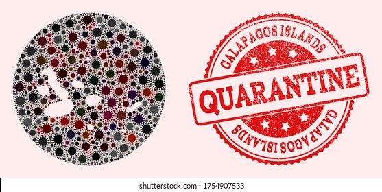Vector map of Galapagos Islands mosaic of covid-2019 virus and red grunge quarantine stamp. Infection cells attack the quarantine territory from out space.