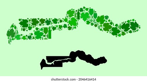 Mapa de vectores de Gambia. Collage de hojas verdes de uva, botellas de vino. Mapa del mosaico de Gambia diseñado con botellas, uvas, hojas verdes. El collage abstracto está diseñado para proyectos políticos.