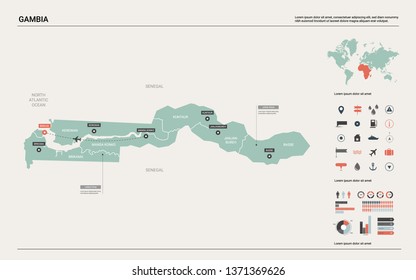 Vector map of Gambia.  High detailed country map with division, cities and capital Banjul. Political map,  world map, infographic elements.  