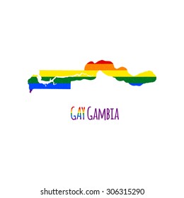Vector map of Gambia in LGBT (lesbian, gay, bisexual, and transgender) flag colors and GAY Gambia caption on white background. Rainbow flag with denim textile texture.