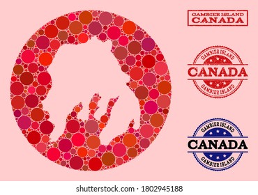 Vector map of Gambier Island collage of spheric blots and red scratched seal stamp. Subtraction round map of Gambier Island collage composed with circles in variable sizes, and red color hues.