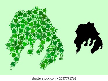 Vector Map of Gambier Island. Mosaic of green grape leaves, wine bottles. Map of Gambier Island mosaic designed with bottles, berries, green leaves. Abstract mosaic designed for bars agitprop.