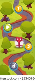 A vector map of the game's levels with a vertical image of a summer landscape. Includes a road, gifts, trees and buttons for mobile game interfaces.