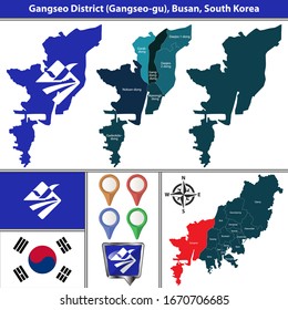 Vector map of Gangseo District or Gu of Busan city in South Korea with flags and icons