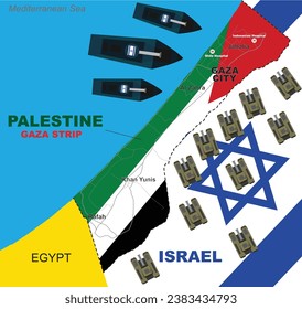 Vektorkarte von Gazastreifen und Israel mit israelischen Armeen mit angriffsfertigen Panzern und Schlachtschiffen
