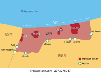 Vektorkarte des Gazastreifens mit den wichtigsten Städten und Grenzübergängen