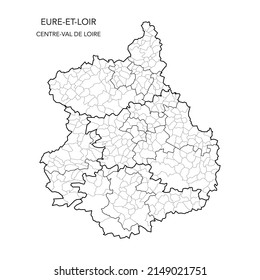 Karte der geopolitischen Teilgebiete des Departements De L’Eure-et-Loir einschließlich Arrondissements, Kantonen und Gemeinden ab 2022 - Centre-Val de Loire - Frankreich