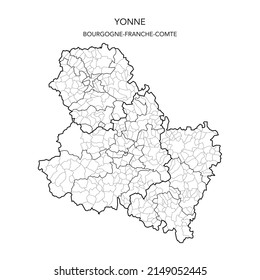 Vector Map of the Geopolitical Subdivisions of The Département De L’Yonne Including Arrondissements, Cantons and Municipalities as of 2022 - Bourgogne-Franche-Comté - France