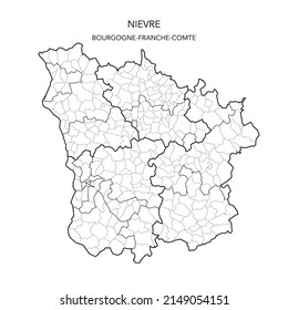 Vector Map of the Geopolitical Subdivisions of The Département De La Nièvre Including Arrondissements, Cantons and Municipalities as of 2022 - Bourgogne-Franche-Comté - France