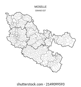 Mapa vectorial de las subdivisiones geopolíticas del Departamento de La Moselle, incluidos los distritos, cantones y municipios, a partir de 2022 - Grand Est - Francia