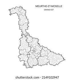 Karte der geopolitischen Teilgebiete des Departements De Meurthe-et-Moselle einschließlich Arrondissements, Kantonen und Gemeinden ab 2022 - Grand Est - Frankreich