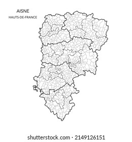 Vector Map of the Geopolitical Subdivisions of The Département De L’Aisne Including Arrondissements, Cantons and Municipalities as of 2022 - Hauts-deFrance - France