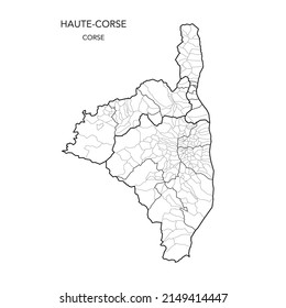 Karte der geopolitischen Teilgebiete der Departements de La Haute-Corse mit Arrondissements, Kantonen und Gemeinden ab 2022 - Corse - Frankreich