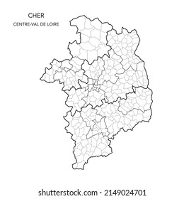 Vector Map of the Geopolitical Subdivisions of The Département Du Cher Including Arrondissements, Cantons and Municipalities as of 2022 - Centre-Val de Loire - France