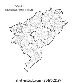 Mapa vectorial de las subdivisiones geopolíticas del Departamento de Du Doubs Incluidos los distritos, cantones y municipios en 2022 - Borgoña-Franche-Comté - Francia