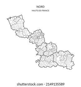 Vector Map of the Geopolitical Subdivisions of The Département Du Nord Including Arrondissements, Cantons and Municipalities as of 2022 - Hauts-de-France - France