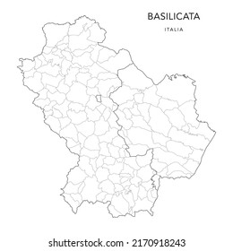 Vector Map of the Geopolitical Subdivisions of the Region of Basilicata with Provinces and Municipalities (Comuni) as of 2022 - Italy