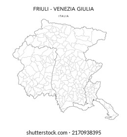 Mapa vectorial de las subdivisiones geopolíticas de la región de Friuli-Venezia Giulia con provincias y municipios (Comuni) desde 2022 - Italia