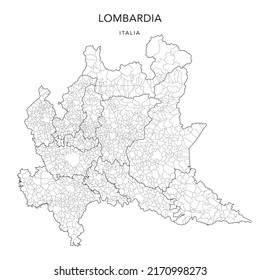 Vector Map of the Geopolitical Subdivisions of the Region of Lombardy (Lombardia) with Provinces and Municipalities (Comuni) as of 2022 - Italy