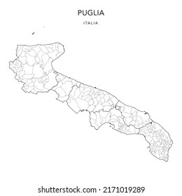 Vector Map of the Geopolitical Subdivisions of the Region of Apulia (Puglia) with Provinces and Municipalities (Comuni) as of 2022 - Italy