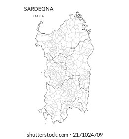 Mapa vectorial de las subdivisiones geopolíticas de la región de Cerdeña (Sardegna) con provincias y municipios (Comuni) desde 2022 - Italia