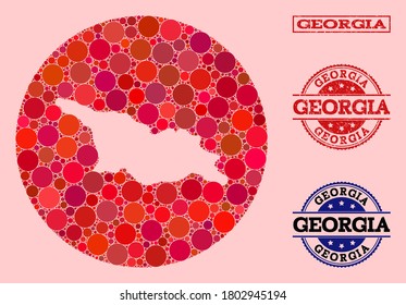Vector map of Georgia collage of round items and red rubber seal stamp. Subtraction round map of Georgia collage created with circles in various sizes, and red color tints.