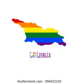 Vector map of Georgia in LGBT (lesbian, gay, bisexual, and transgender) flag colors and GAY Georgia caption on white background. Rainbow flag with denim textile texture.