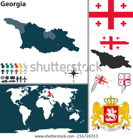 Vector map of Georgia with regions, coat of arms and location on world map