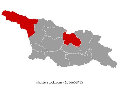 Vector map of Georgia with regions. Regions of South Ossetia and Abkhazia uncontrolled by the government are painted in red