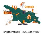 Vector map of Georgia. Sights. Historical places. Tourism. Cities. Guide. Tbilisi, Batumi, Svan Towers, Mounts Shkhara, Kazbek. Caucasus. Castle. Churches. 