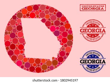 Vector map of Georgia State mosaic of round dots and red watermark stamp. Subtraction round map of Georgia State collage created with circles in various sizes, and red color tints.