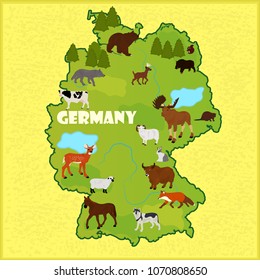 Vector map of Germany with animals on a yellow background