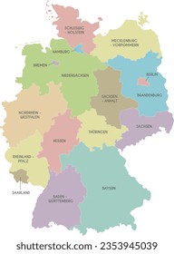 Vektorkarte Deutschlands mit Bundesstaaten oder Regionen und Verwaltungsabteilungen. Bearbeitbare und deutlich gekennzeichnete Schichten.