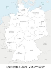 Vector map of Germany with federated states or regions and administrative divisions, and neighbouring countries. Editable and clearly labeled layers.