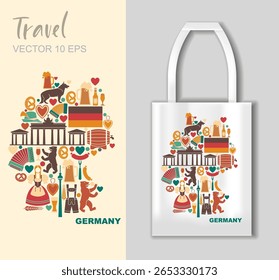 Vector map of Germany filled with cultural symbols and food elements shown with a tote bag mockup for travel or souvenir designs
