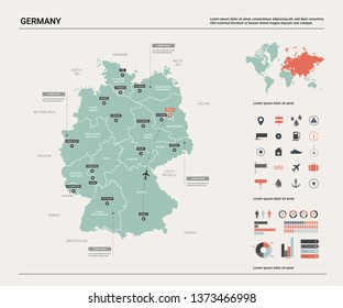 Vector map of Germany.  High detailed country map with division, cities and capital Berlin. Political map,  world map, infographic elements.  