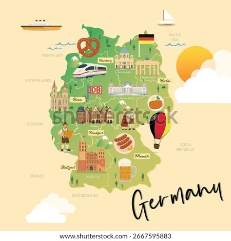 Vector map of Germany with landmarks, traditional food, culture, and attractions including Berlin, Cologne Cathedral, Munich beer, sausages, pretzel, and German flag.