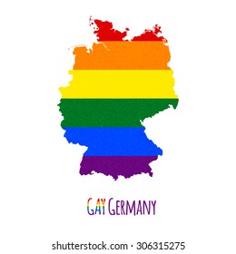 Vector map of Germany in LGBT (lesbian, gay, bisexual, and transgender) flag colors and GAY Germany caption on white background. Rainbow flag with denim textile texture.
