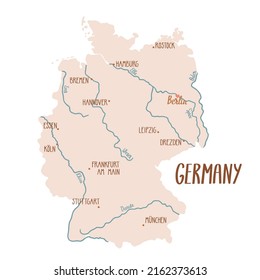 Vector map of Germany with the main cities, rivers and capital.Touristic illustration with Germany map. Isolated on white